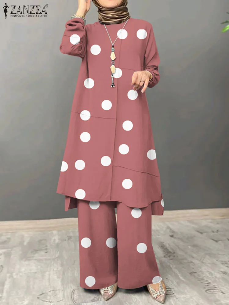 

ZANZEA Solid Elegant Causal Tracksuit Islamic Clothing Polka Dots Printed Muslim Suits Matching Sets Full Sleeve Wide Leg Pant