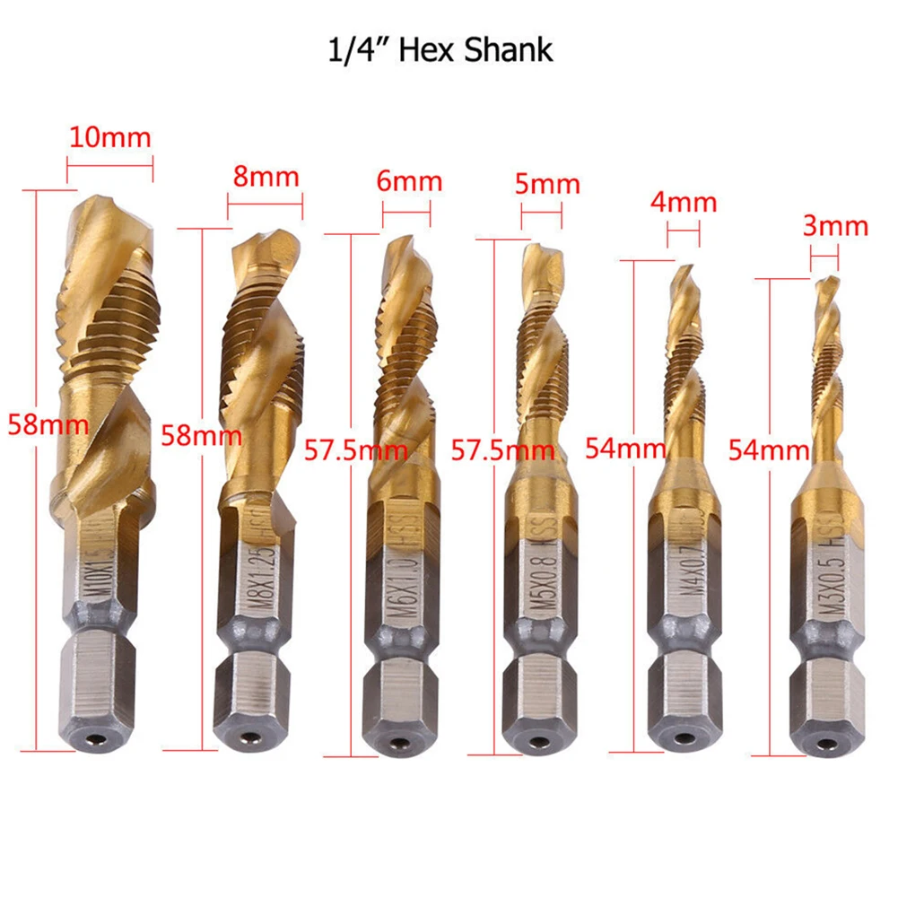 

Power Tools Tap Drill Aluminum Plastic Compound Tap HSS Screw Hex Shank M8x1.25mm Thread Metric Titanium Plated