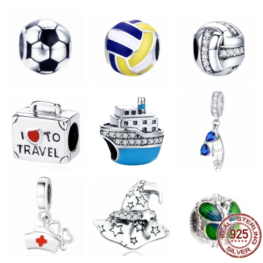 

925 Sterling Silver Football, Volleyball, Nurse Cap Charm Bead Fit Original Pandora Bracelet Bangle For Women Jewelry Gift
