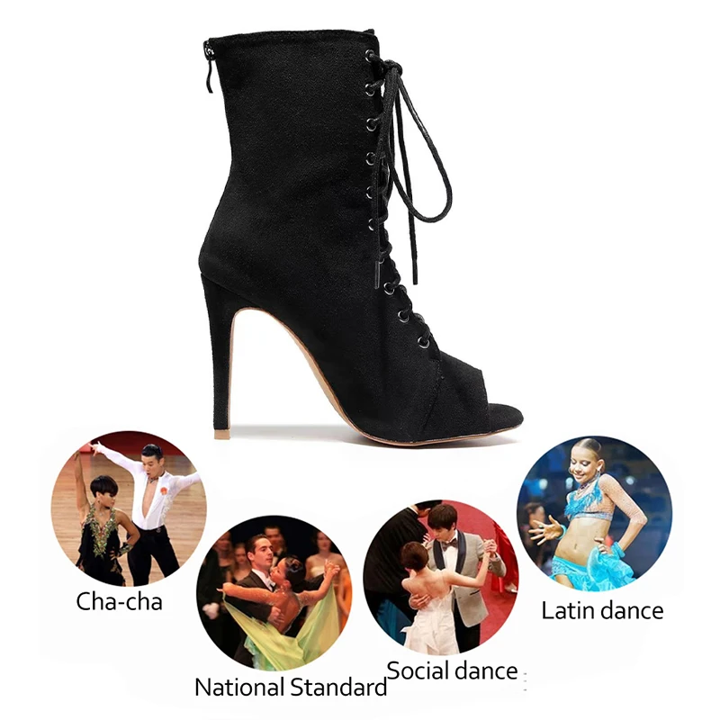 SWDZM Dance Shoes Women Short Boots Ballroom Women's Dance Shoes Fish Mouth High Heel Suede Sole Dance Boots Plus Size 33-44