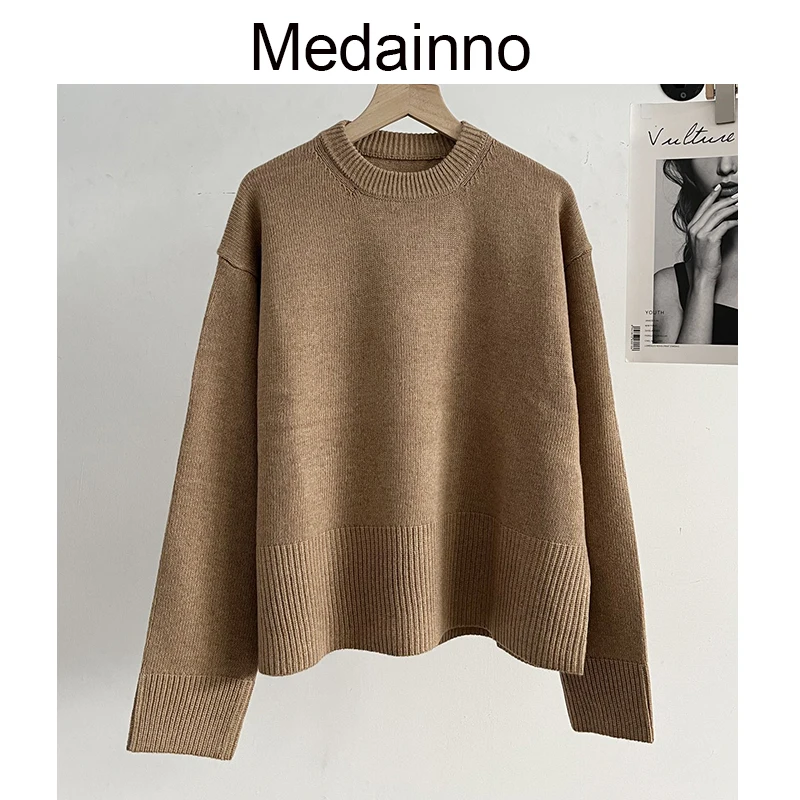 

Medainno 2023 Spring Fashion Women New Round Neck Slim Knitted Sweater Casual Slim Elegant Pullovers Simple Tops Female Chic