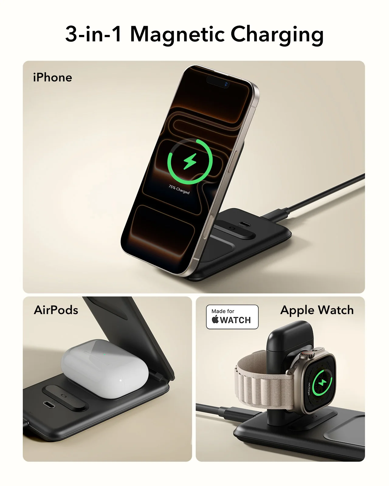 Фото Беспроводная зарядная станция ESR для iPhone 17/16/15/14/13/12, AirPods и Apple Watch, складная, совместимая с магнитной технологией, для работы №5