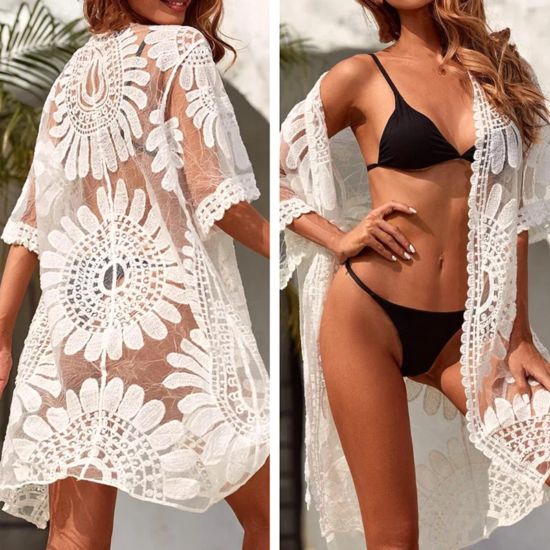 

Women Transparent Long Cardigan Lace Up Cover Ups Solid Color Flower Embroidery Beachwear Tunic Dress Sexy Swim Wear Summer