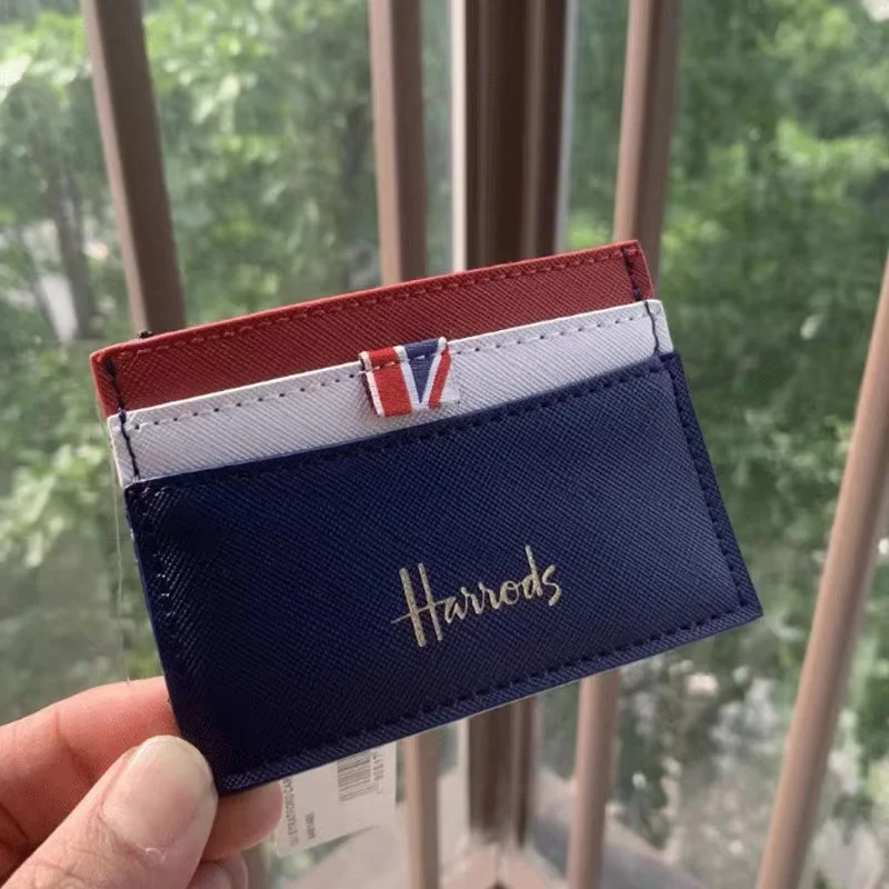 Harrod Navy Stylish Mini Credit Card Gold Printing Logo Travel Pouch New Small PU Leather UK Navy Card Bag