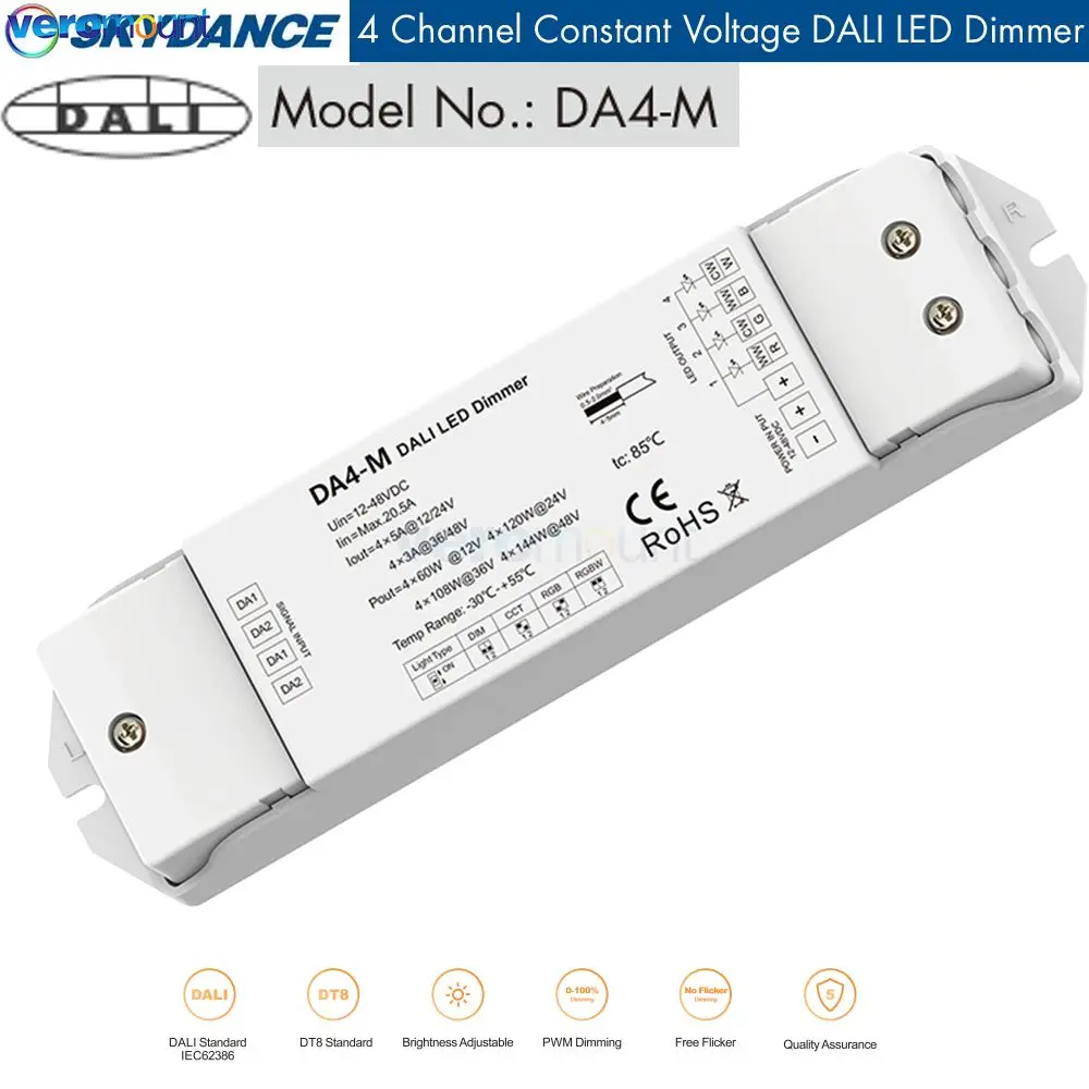 Фото Skydance DA4-M DALI светодиодный диммер 12V 24V 5A 4 канал ПВМ диммер контроллер для одиночной двойной белой RGB RGBW цветовой фотополосы №1