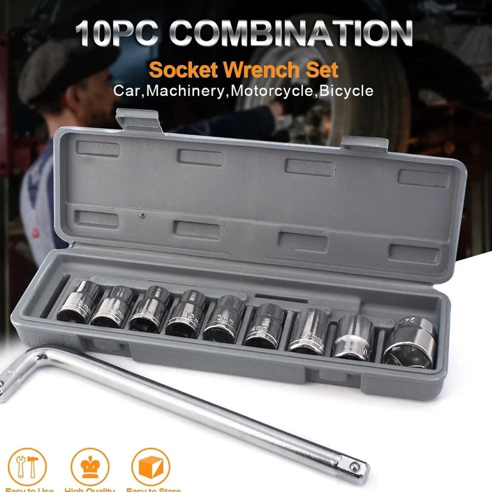 

10pcs/Set Hexagon Wrench Socket Set 8mm-24mm Sleeve Heads For Ratchet Wrench Spanner Kit Chrome Vanadium Steel Wrench Sockets