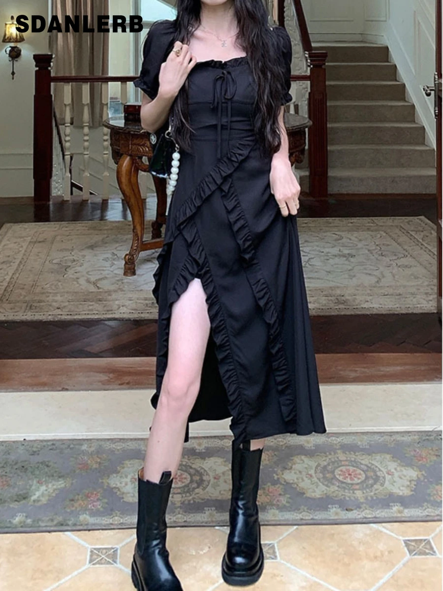 

Short Sleeve Black Dress for Women 2022 New Summer High-Grade Long Dress Elegant High Waist Slimming French Style Midi Dress
