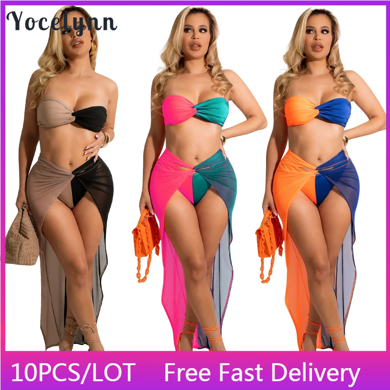 

10PCS Bulk Items Wholesale Lots 3 Piece Bikini Sets Pachwork Mesh Cover Up Skirt wrapped Chest Crop Tops and Panties Beachwear