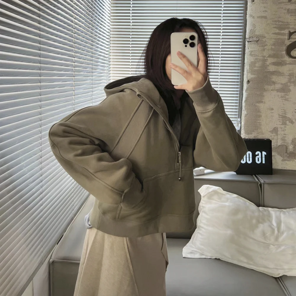 

Oversized Lulu Scuba Half-Zip Hoodie Waist Length Jackets Sweatshirts Soft Thumbholes Leisure Yoga Coat