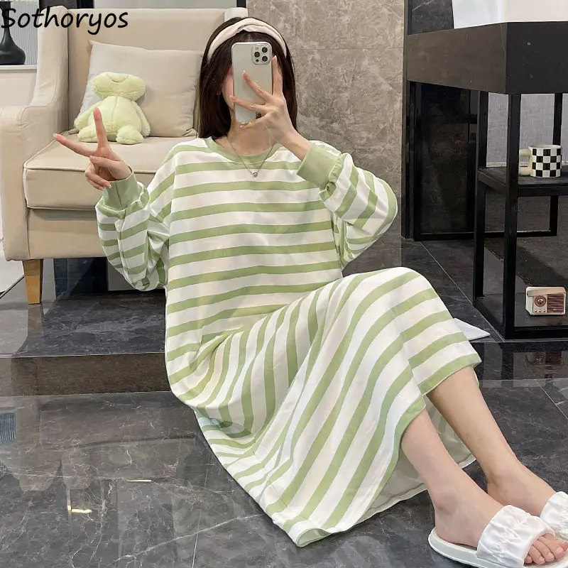 

Striped Nightgowns Women Sweet Girlish Long Sleeve Sleepwear Spring New Loose Basics Simple Korean Style Cozy Ins Homewear Midi