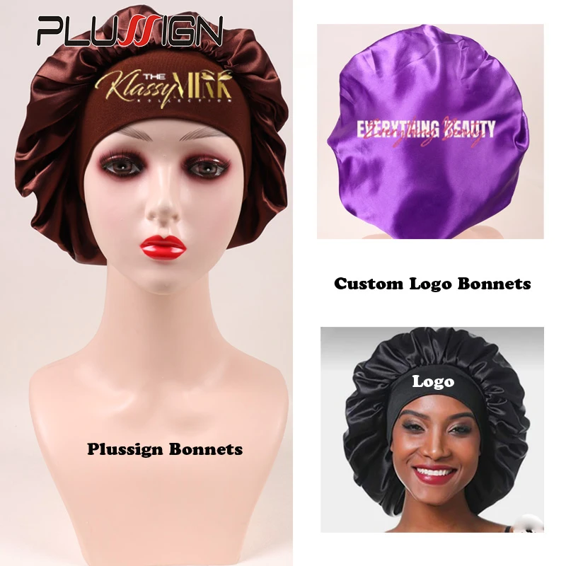 10Pcs Custom Logo Single Layer Satin Bonnet Silky Sleep Cap With 6Cm Wide Elasstic Band Black Hair Caps For Hair Anti Breakage