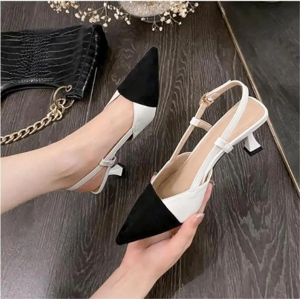 

Women Sandals Fashion Back Straps High-Heeled Ladies Pumps Stiletto Pointed Toe Color-Blocking Temperament Females Shoes