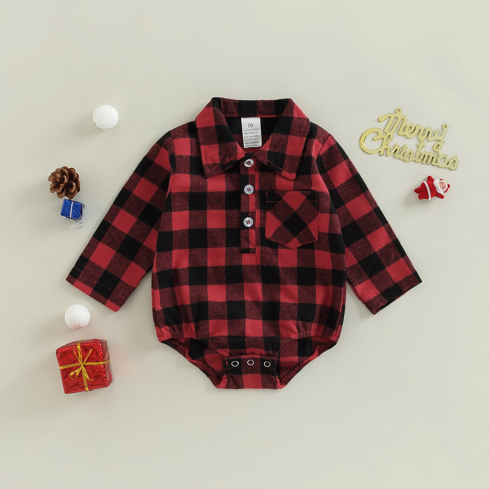 

Baby Boys Girl Romper Long Sleeve Lapel Neck Plaid Loose Button Christmas Elk Jumpsuit Bodysuit