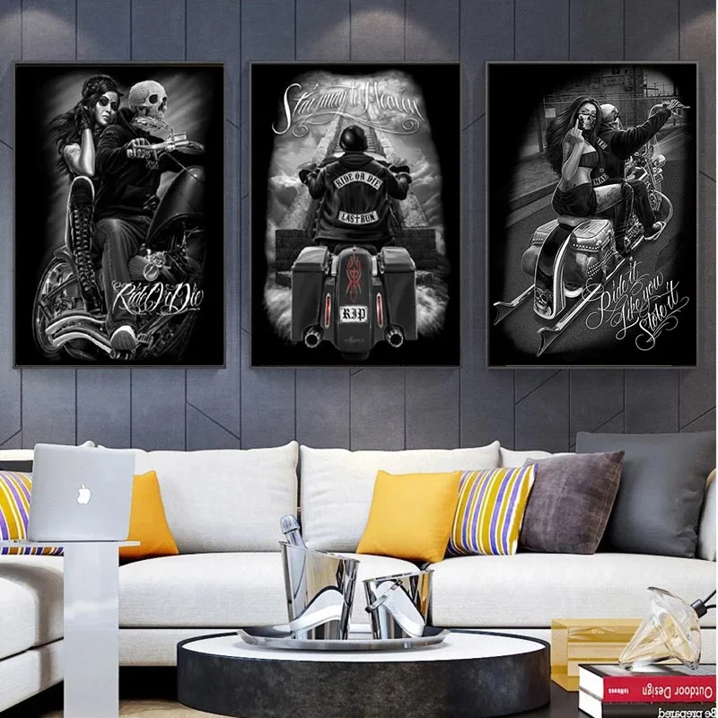

Черно-белый плакат граффити с тату-Райдером, мотоцикл с культурой цикано, Картина на холсте, Современная гостиная, Настенный декор, принты