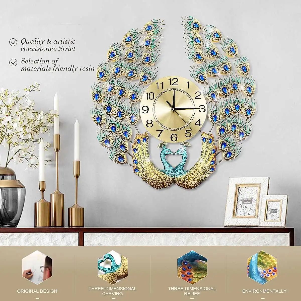 

Современные дизайнерские настенные часы, большие 3D часы с бриллиантами, кристаллами, кварцевый Павлин, украшение для дома, гостиной, спальн...