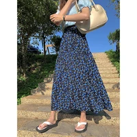 2022 summer korean version fashion high waist blue floral skirt harajuku a line pleated midi skirt