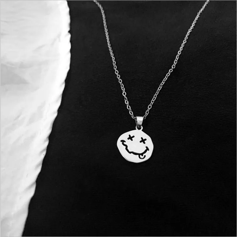 

Kpop Smiley Face Necklaces Goth Hip Hop Chain Stainless Steel Pendant Necklace for Women Men Girl Neck Chain Gothic Streetwear