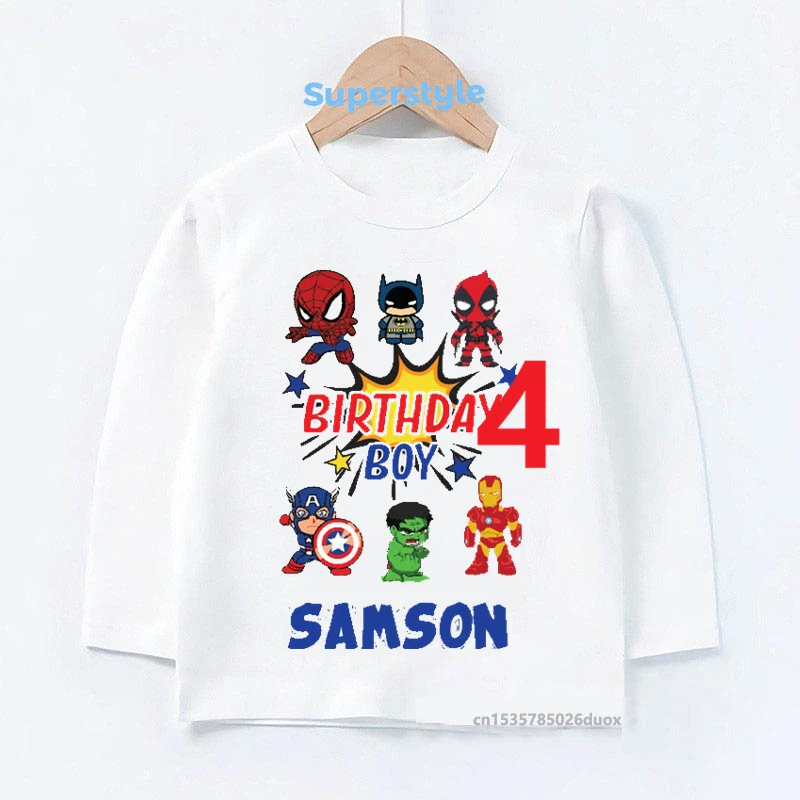 

Boys Clothes SpiderMan Avengers Birthday Personalize Name 1-9Y Long Sleeve T-shirt Marvel Hulk Iron Man Superhero Shirt for Boy