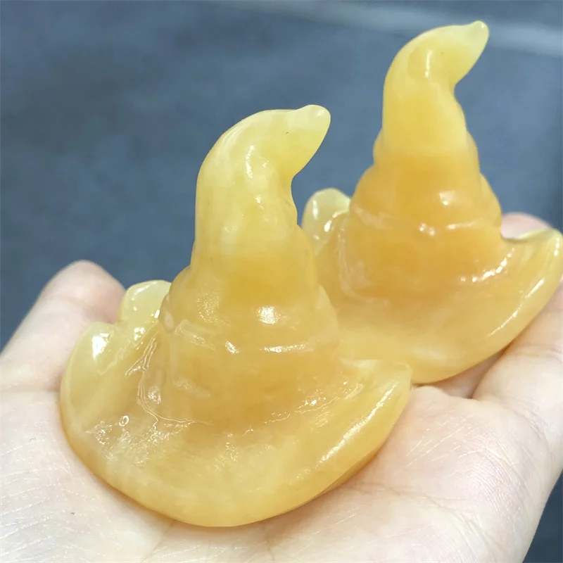 

1 шт. натуральная желтая фигурка кальцита, лечебная Хрустальная Шляпа Волшебника, статуя, резьба, Хэллоуин, подарки, украшение