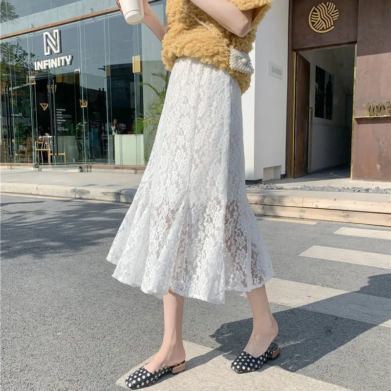

2022 Women Hollow Lace Long Maxi Skirts Elastic Waist Floral Calf-Length Mermaid Skirt Streetwear Faldas Mujer Jupe Femme E167