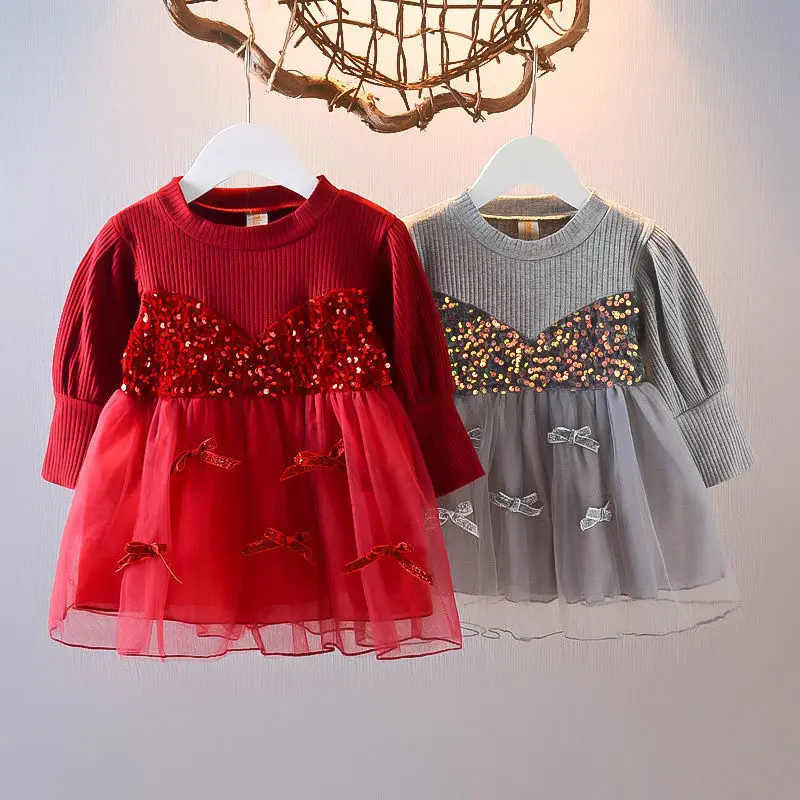 

Spring And Autumn Girls' Casual Dress New Fashion Sequin Bow Stitching Princess Skirt Girl Baby Mesh Puffy Fairy Korean Dress