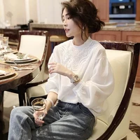 womens blouse lantern sleeve bubble white fairy lace shirt womens top hollow chiffon shirt casual commuter summer japan korean