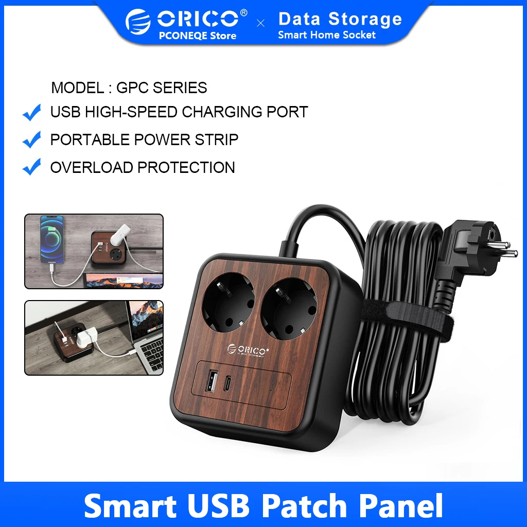 

ORICO Desktop Portable Power Strip 3USB Charging Ports Socket With 1.5m Extension Cable Wood Grain Electrical Sockets EU Plug