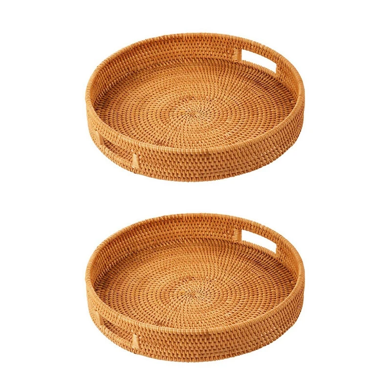 

HOT SALE 2X Rattan Hand Woven Round High Wall Severing Tray Food Storage Platters Plate With Handles(S-30Cm)