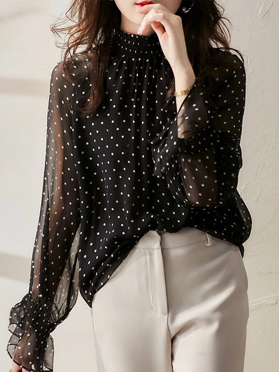 

Women Casual Blouse Fungus Collar Spot Printing Mesh Lace Patchwork Trumpet Long Sleeve Fashion Leisure Lady Blouse For Spring