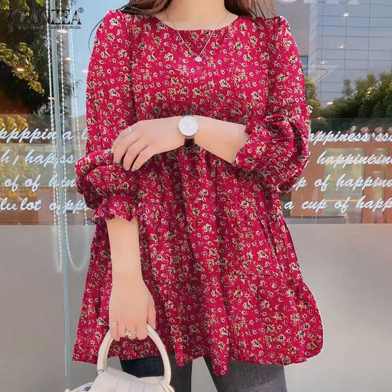 

ZANZEA Fashion Bohemian Printed Blouse ZANZEA OL Patchwork Ruffle Top Tunic Puff Sleeve Blusa Femininas Oversized A-line Chemise