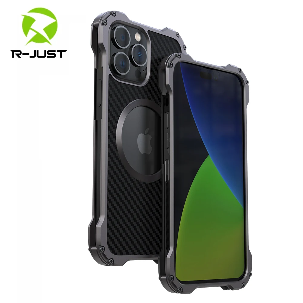 Cena R-JUST Kompatybilny MagSafe Dla IPhone 14 Pro Max Case 14 Plus Osłona Obiektywu Z Włókna Węglowego Osłona Telefonu Slim Metal Zderzak Fundas