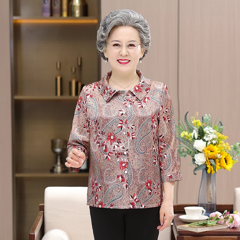 

Elderly Women Blouses Autumn Old-age Mother Tops Long Sleeve Printed Shirt Grandmother Spring Cardigan Coat 5XL