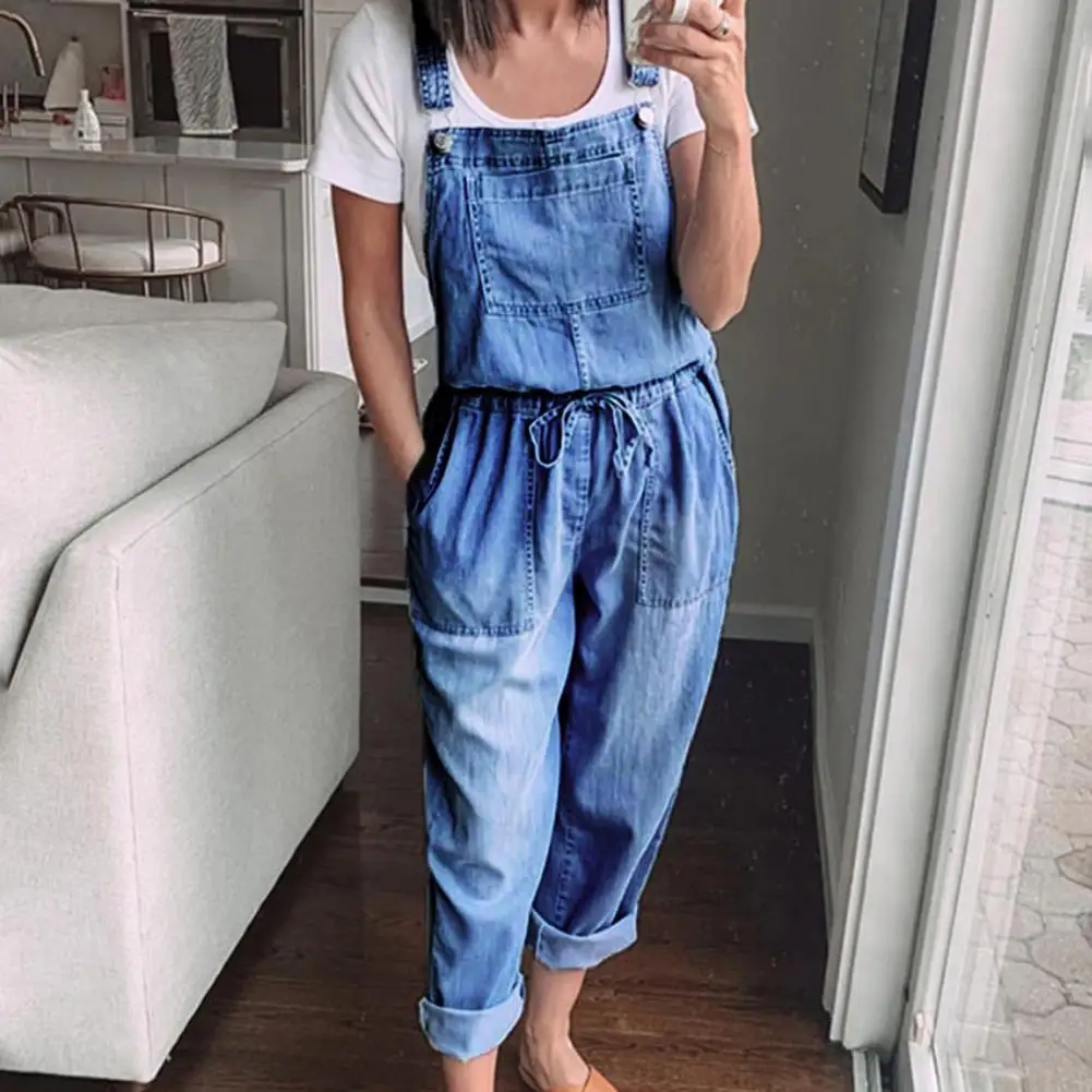 

Spring Autumn Thin Loose Casual Womens Denim Jumpsuit Lace Up Elastic Waist Overalls Solid Color Wide Leg Trousers Bodysuit