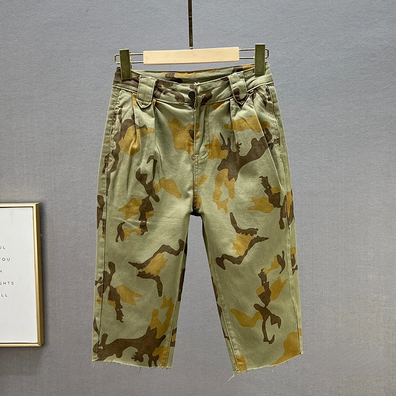 

2022 Summer Half Length Denim Pants for Women New Stretch High Waist Loose Camouflage Jeans Cool Lady Streetwear