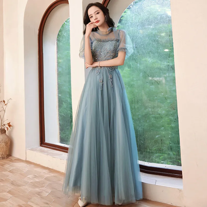 

Evening Dress High Neck Beads Elegant Backless Lace Up Floor-Length Short Sleeves A-Line Plus size Women Formal Party Gown C1621