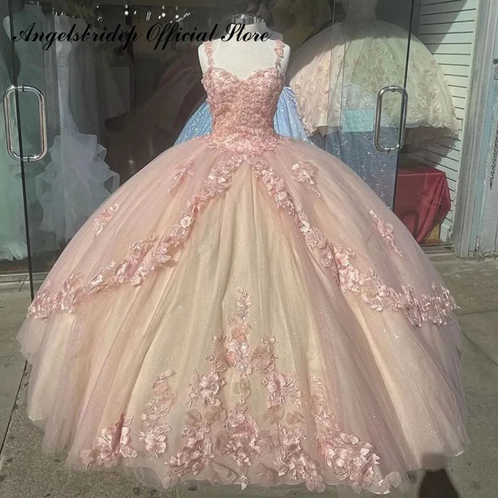 

Angelsbridep Straps Pink Quinceanera Prom Dresses Formal Ball Gown Tulle Sweet 15 16 Dress Quinceañera Anos Birthday Party Gowns