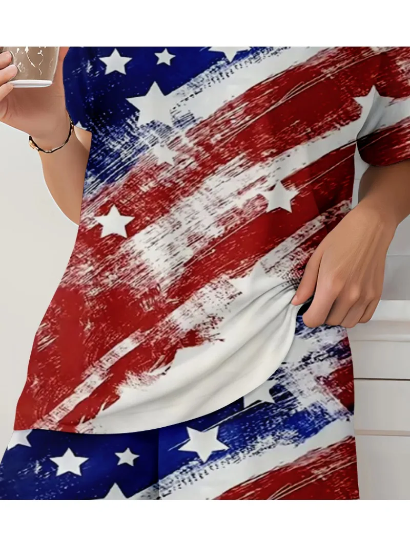 Женский модный комплект из шорт с принтом и U-образным вырезом коротким рукавом