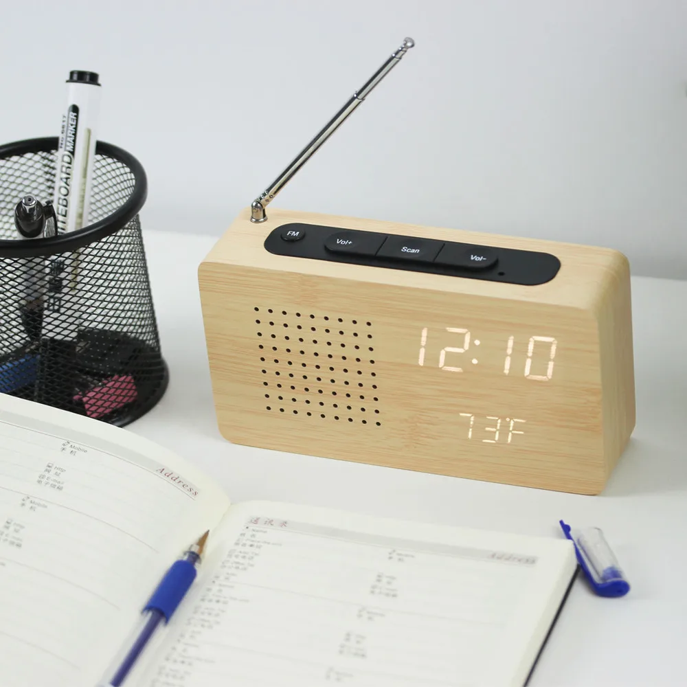 

Fm Radio Alarm Clock Led Table Digital Clock with Alarm, Sleep Timer, Temperature Display for Bedroom, Bedside, (Bamboo)