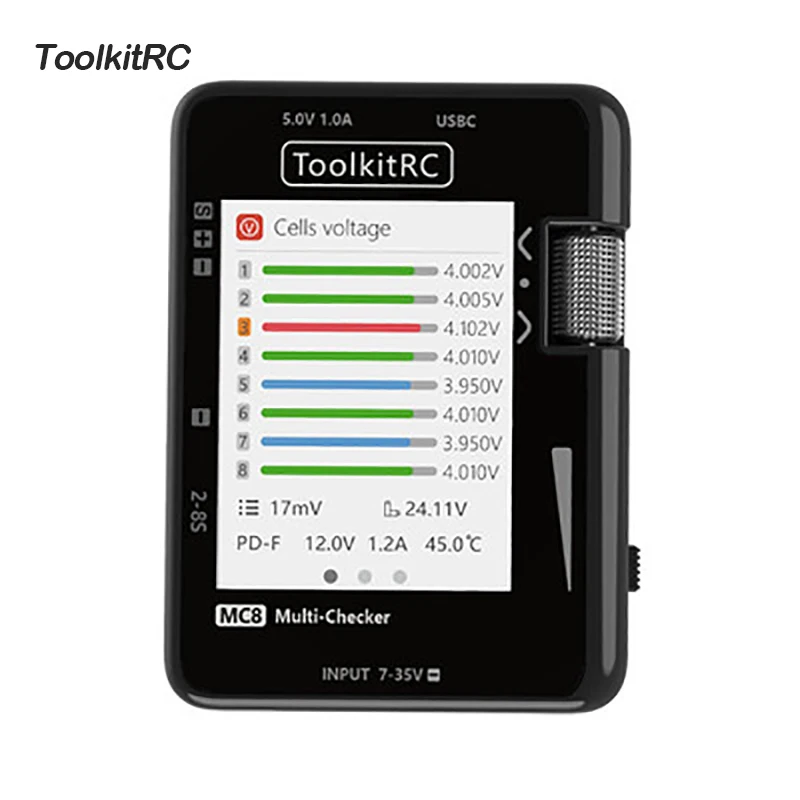 

ToolkitRC MC8 Cell Tester Multi-Function Electric Display Balance Voltage Test Battery Status Signal Test SBUS Read with USB-C