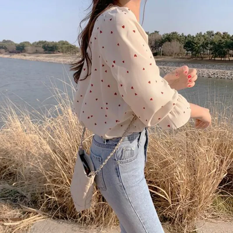 

Shirts Women Long Flare Sleeve V-neck Sexy Printed Sweet Elegant Chiffon Hot Sale All-match Simple Loose Retro Chic Stylish BF
