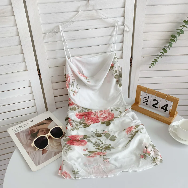 

Sexy Printed Spaghetti Strap Bodycon Dress Women's Summer Strapless Off Shoulder Pleat Design Slim Wrap Hip Women Dress