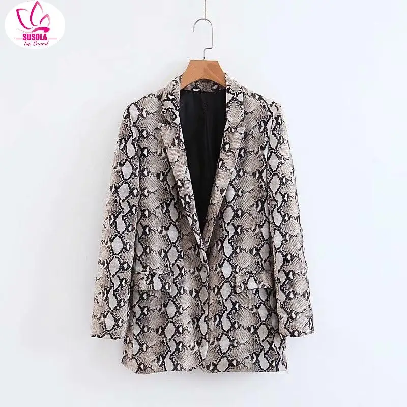 

Spring Autumn Women's Vintage Snake Print Jackets Casual Lapel Long Sleeve Slim Long Jacket 2022 Fashion Pocket Snake Skin Coats