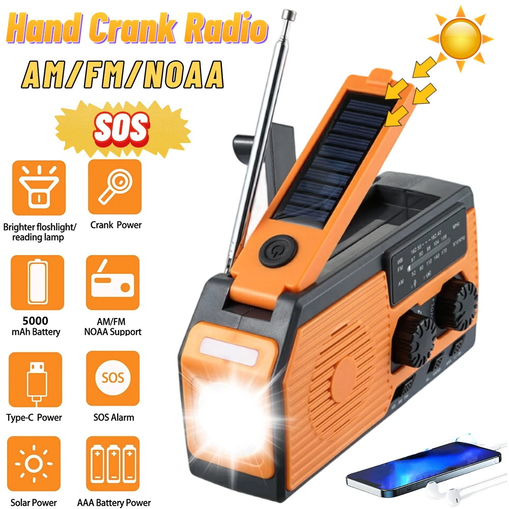 

Solar Hand Crank Emergency Radio AM/FM/WB NOAA Weather Radio 5000mAh USB Charging Emergency LED Flashlight Power Bank SOS Alarm
