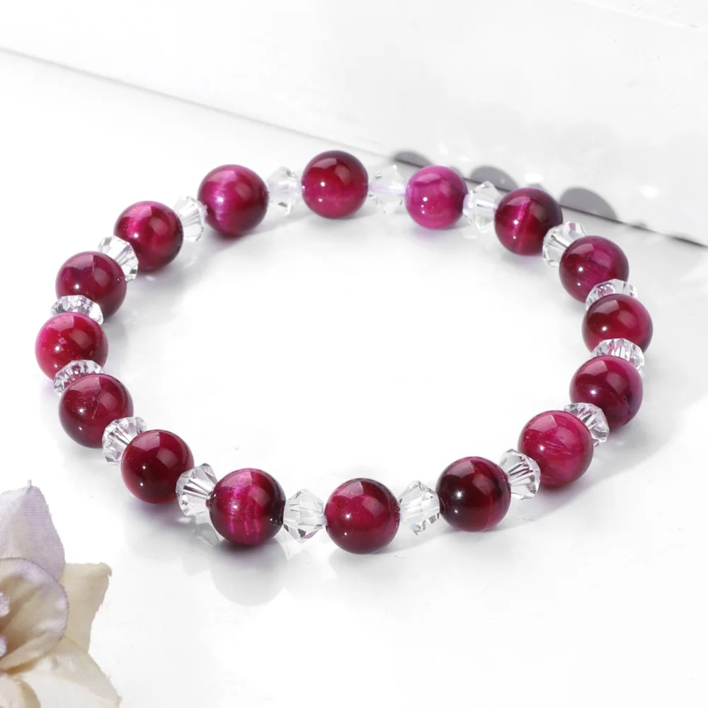 

Rose Red Tiger Eye Stone Bracelet White Crystal Beads Bracelets For Men Women 8mm Lava Round Beaded Bangles Brave Energy Jewelry