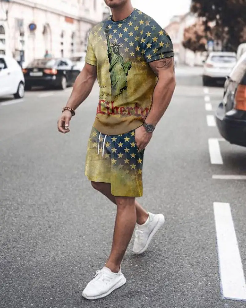 

2022 new summer men's suit 3d digital printing stitching pattern Harajuku fashion trend casual street two-piece suit