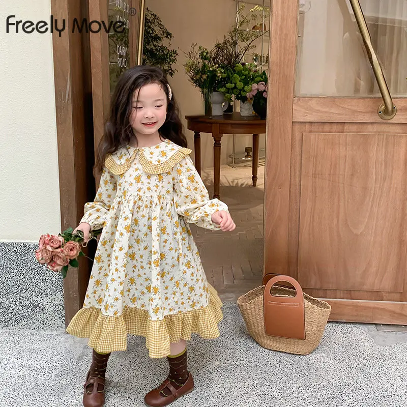 Freely Move Children'S Floral Dress Autumn Girls Sweet Dresses Lapel Retro Korean Ruffle Princess Vestidos Baby Kids Clothing  - buy with discount