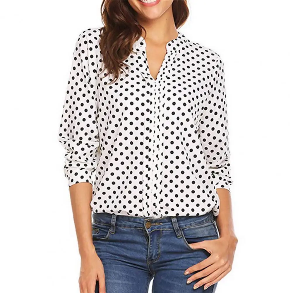 

2023 Women Blouse V-neck Long Sleeve Shirt Tops Dot Print Loose Fit Thin Blouse Office Lady Casual Tops Female Clothing