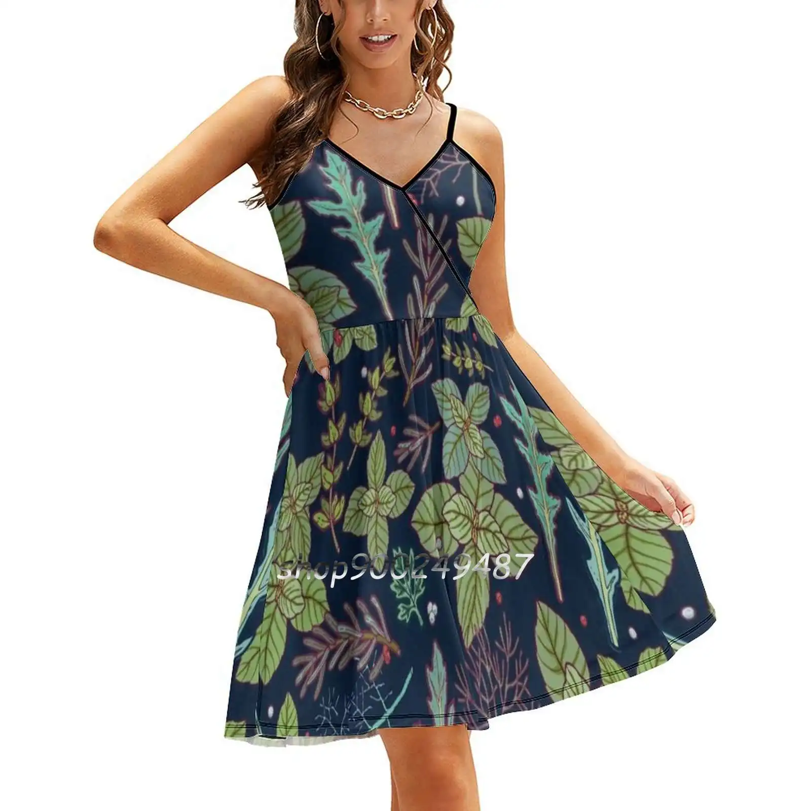 

Dark Herbs Pattern Sling Dress Summer Dress Sling Sexy A Line Dress Fashion Female Dress Basil Thyme Greens Herbs Herbal Nature