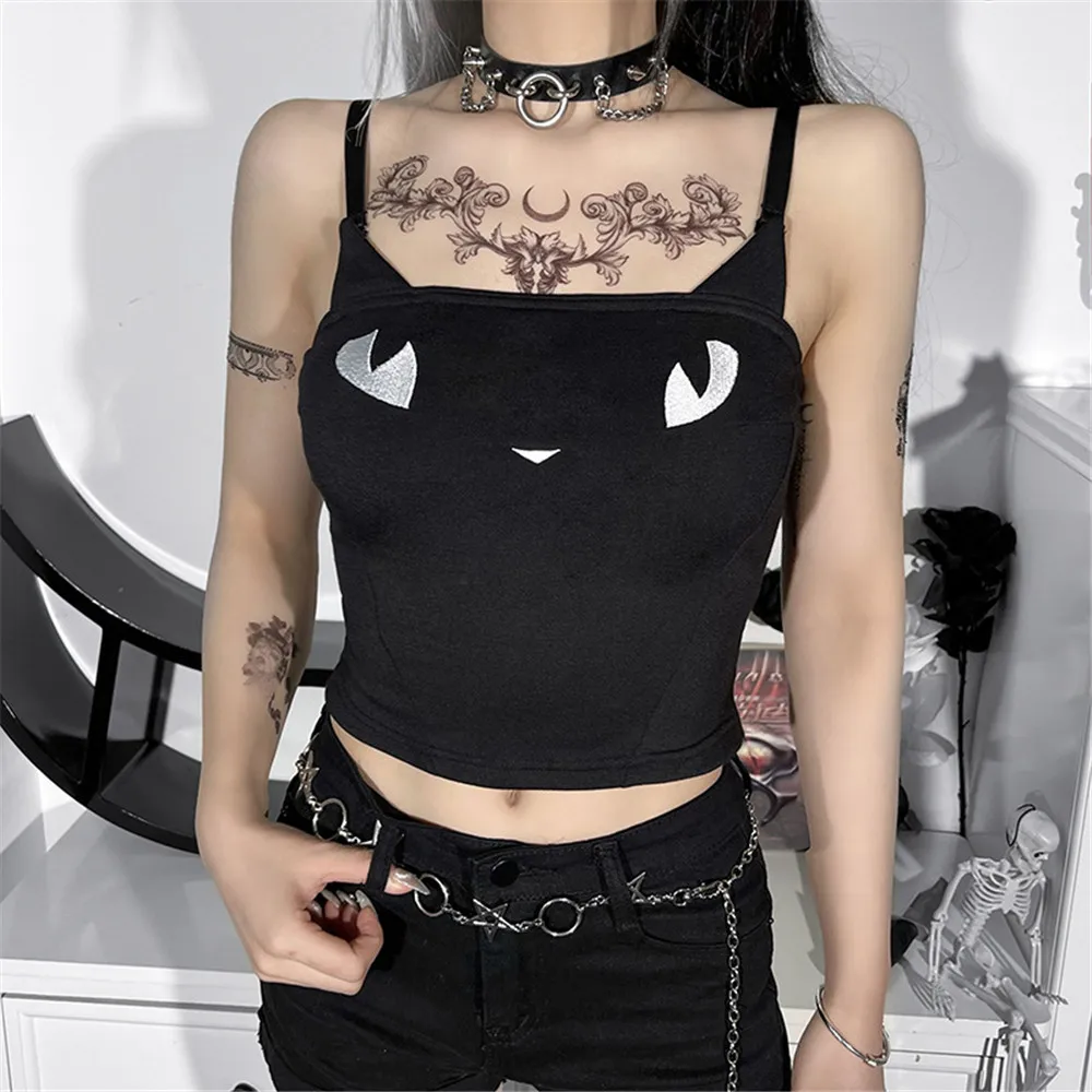 

Fashion Casual Gothic Camis Women Crop Tank Top 2022 Summer Camisole Backless Cartoon Print Fashion Streetwear Black Tanks Y2K