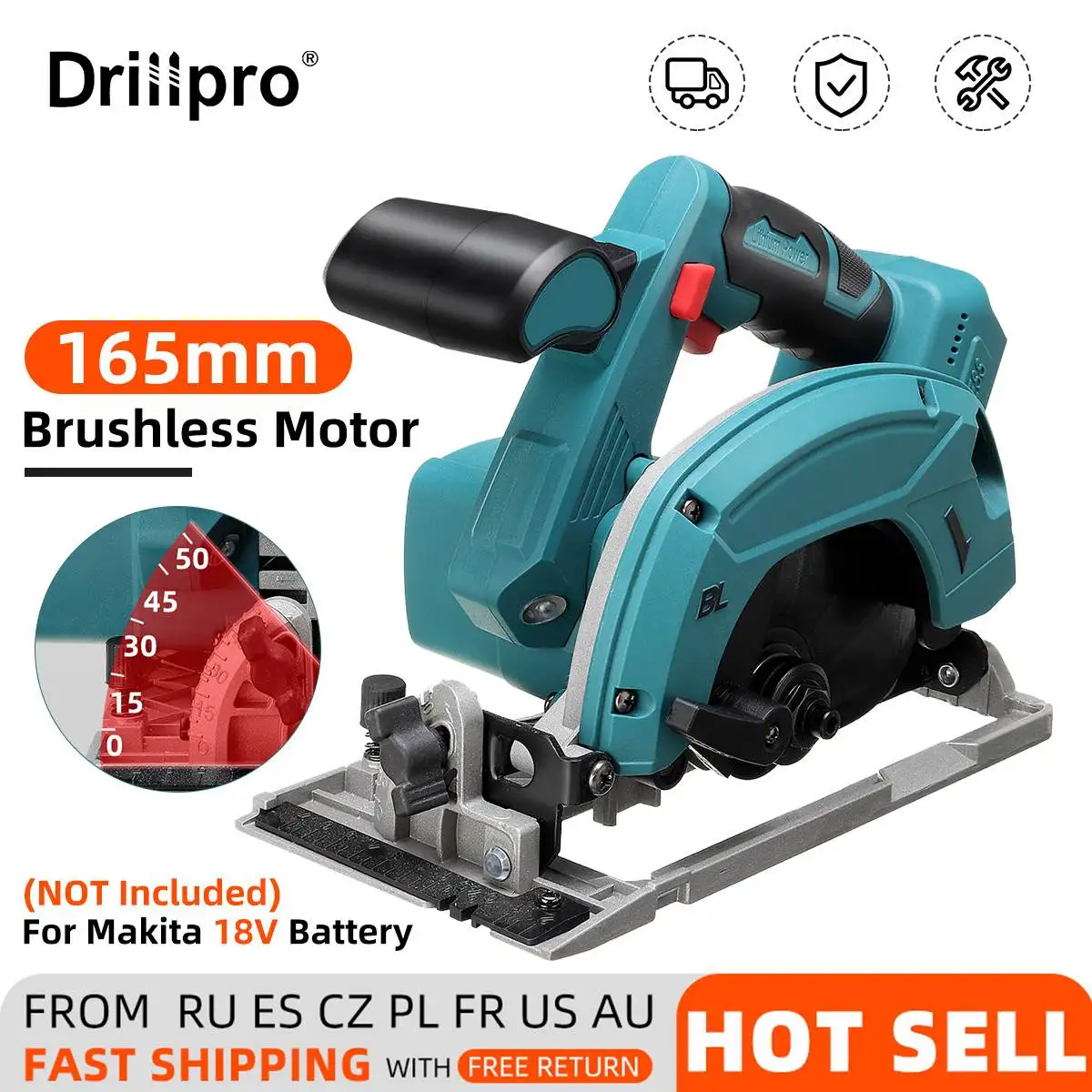 Drillpro 165mm Electric Circular Saw Wood Cutter 0° to 50° Adjustable Blade Cutting Sawing Machine for Makita 18V Battery